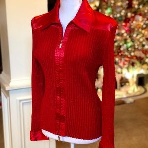 Candy apple red sparkly sweater w/satin trim. XL